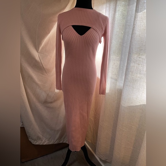 2 piece fitted knitted ribbed pink dress - Picture 1 of 3